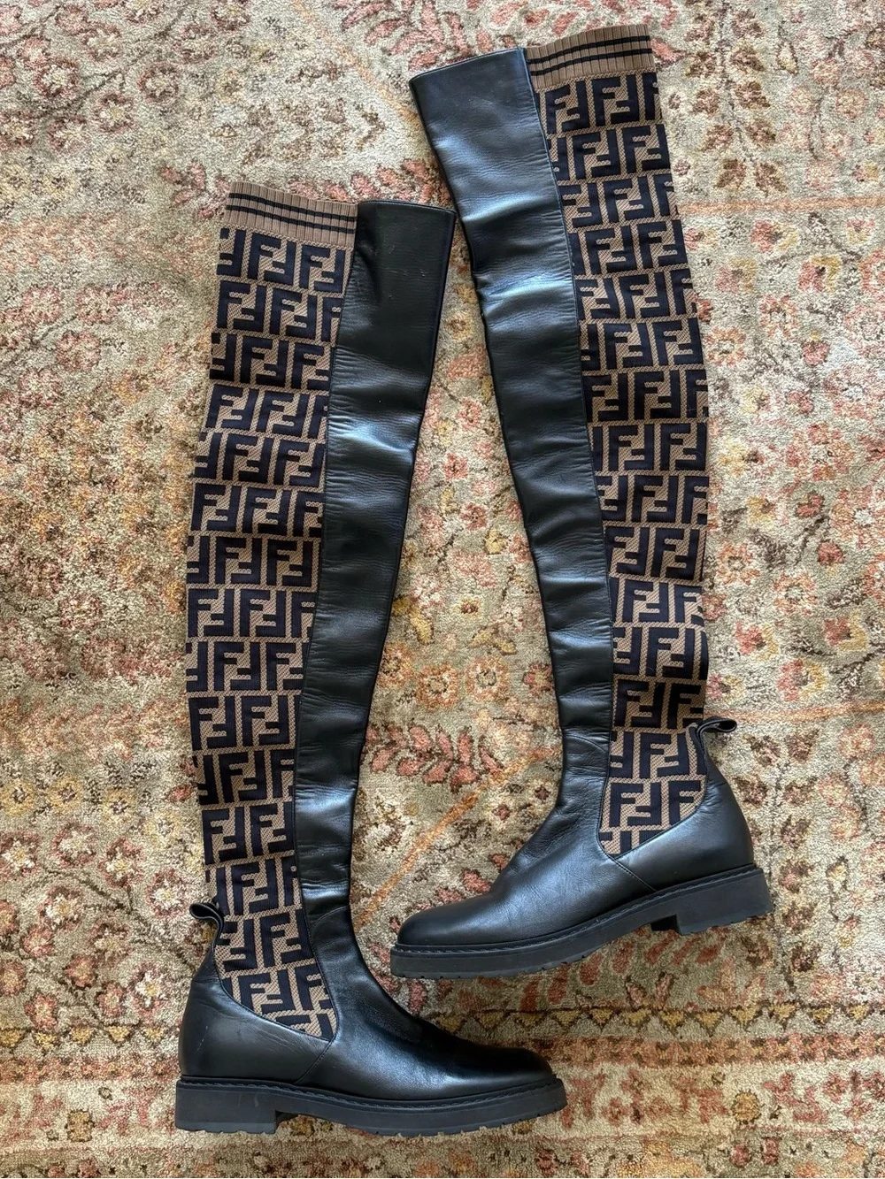 Fendi FF Zucca Over-the-Knee Logo Stretch Boots Size 38